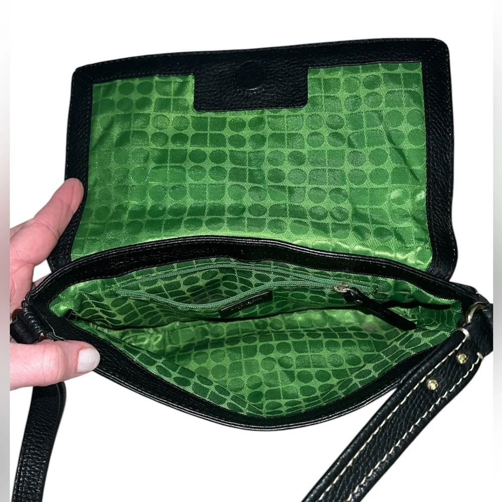 Kate Spade Black Leather Green Lined Gold Accent Shoulder Bag
